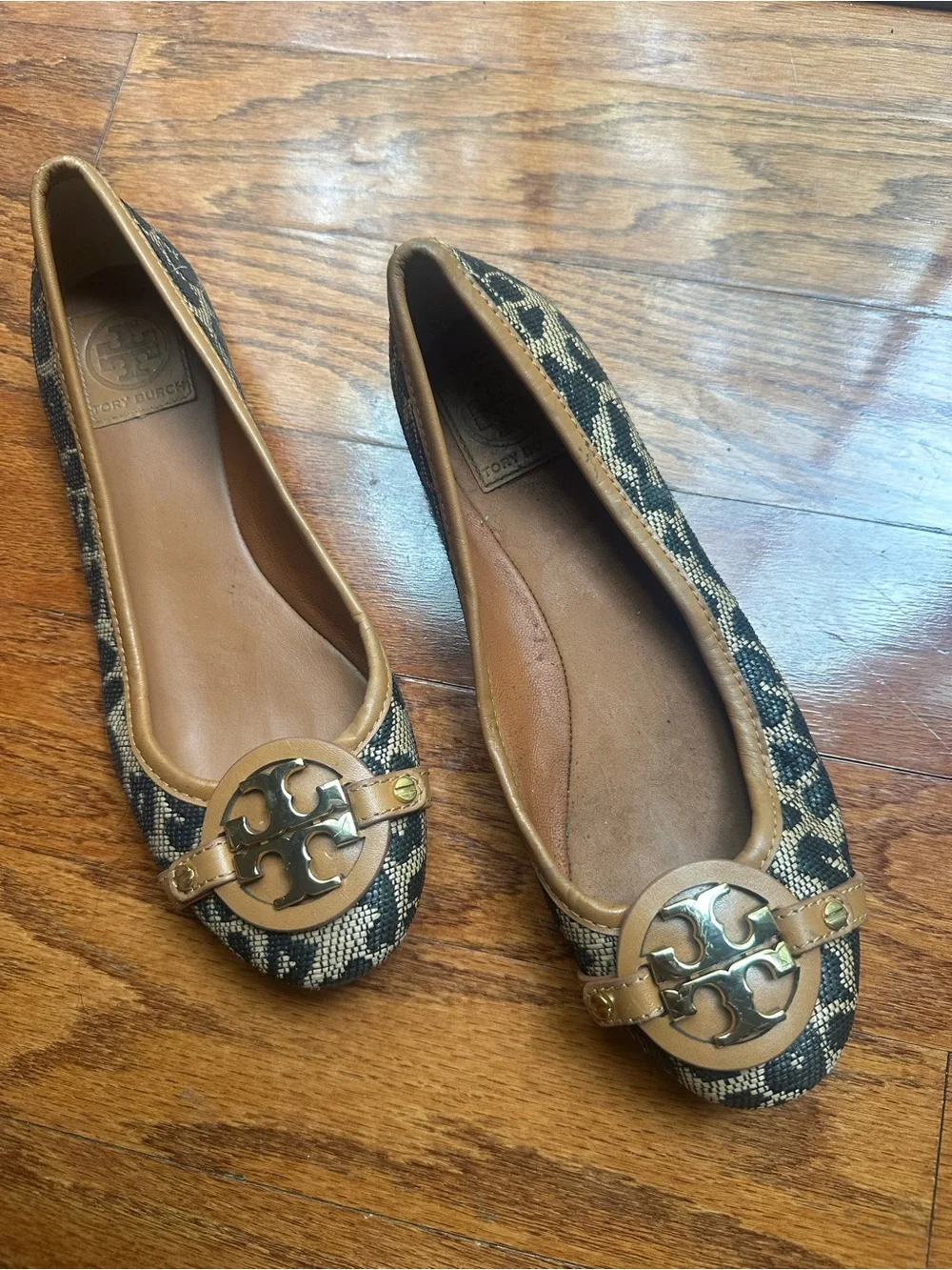 Tory Burch Black and Tan Logo-Embellished Canvas Ballet Flats